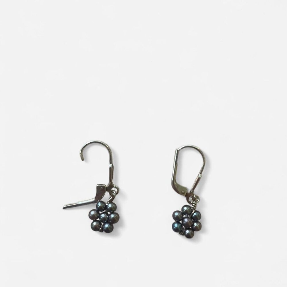 Sterling Silver navy blue beaded dangling hoop earrings